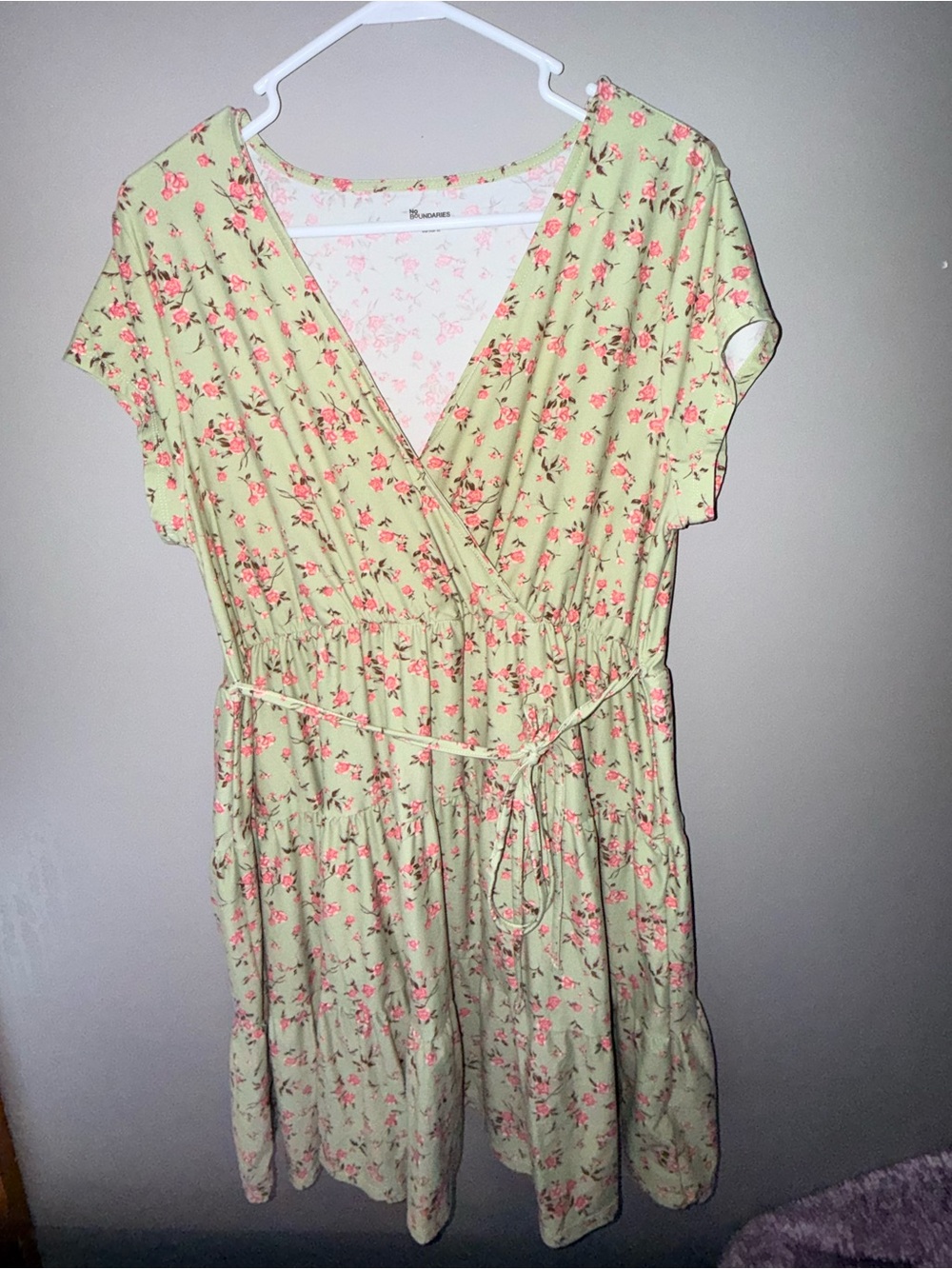 No Boundaries Light Green Floral Wrap Mini Dress